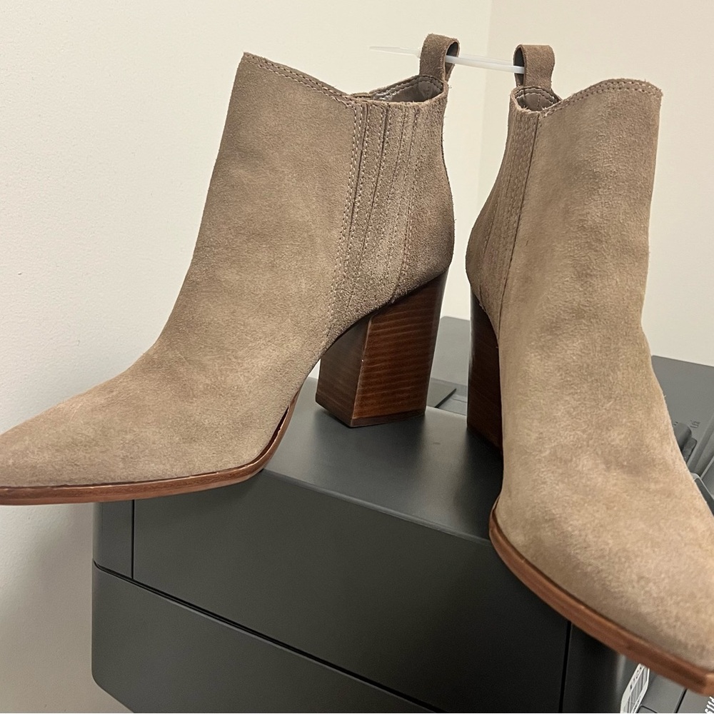 Vince Camuto Taupe Suede Pointed Toe Block Heel Ankle Boots